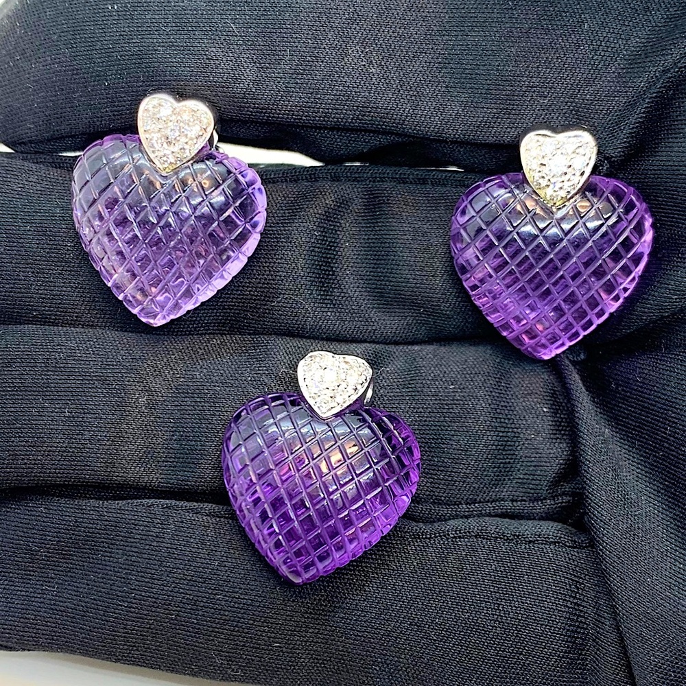 💜 18K BIBIGI Designer VS Diamond Amethyst Heart Earrings Pendant White Gold Set